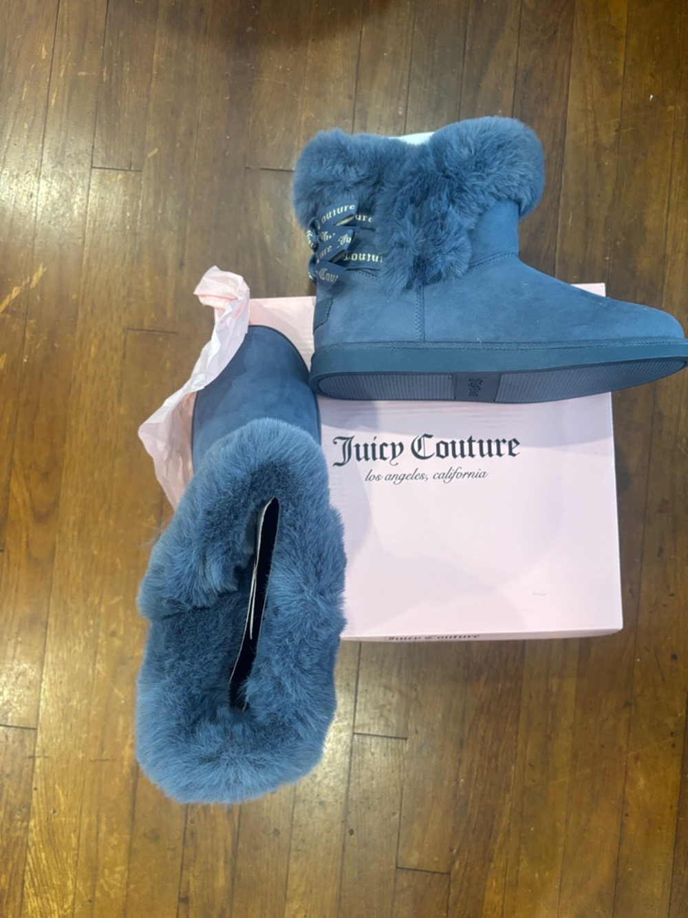 Juicy Couture Women's Blue Faux-Fur Ankle Slippers